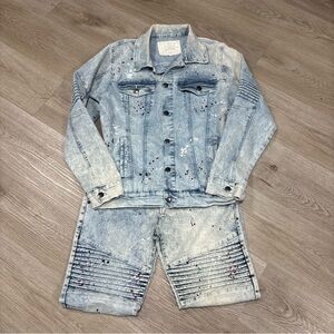 Akademis Mens Full Button Up Jean Jacket Size XL Paint Splatter W/ 34x32Jeans